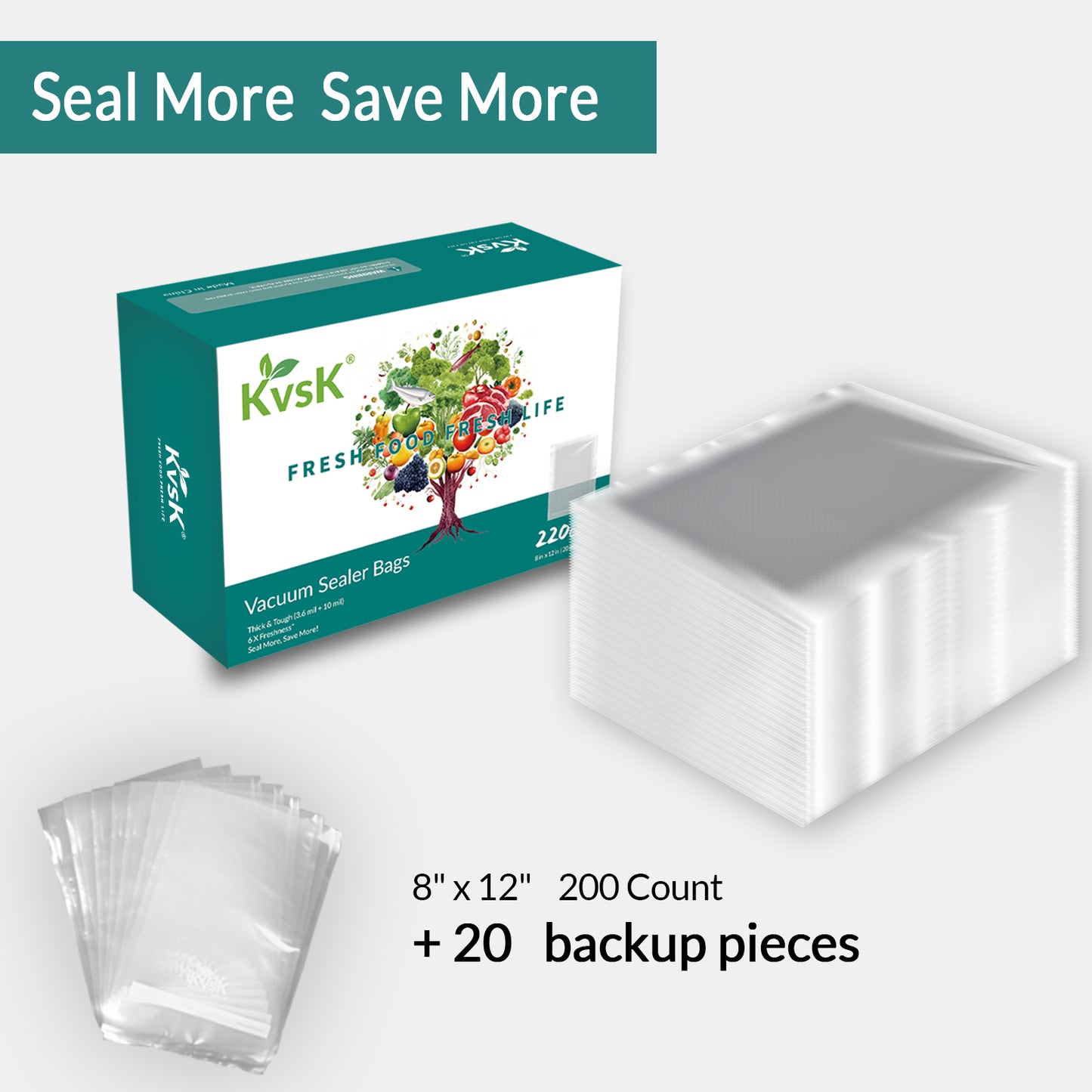 Vacuum Sealer Bags Thick & Tough (3.6 mil + 10 mil) 6X Freshness*  220Count 8 in. x 12 in. | 20 cmx30 cmSeal More, Save More!