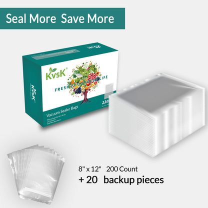 Vacuum Sealer Bags Thick & Tough (3.6 mil + 10 mil) 6X Freshness*  220Count 8 in. x 12 in. | 20 cmx30 cmSeal More, Save More!